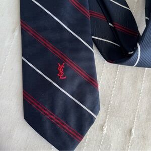 YSL Yves Saint Laurent Men’s Logo Tie Navy Red and White Stripe